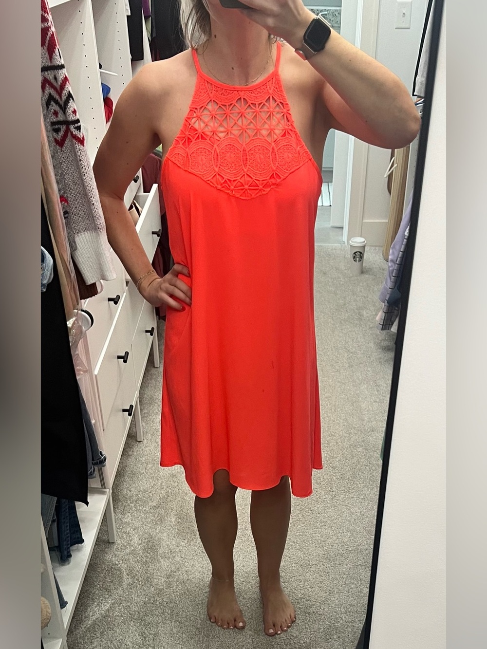 Crochet Halter Dress- Coral Neon Summer Dress Size Medium